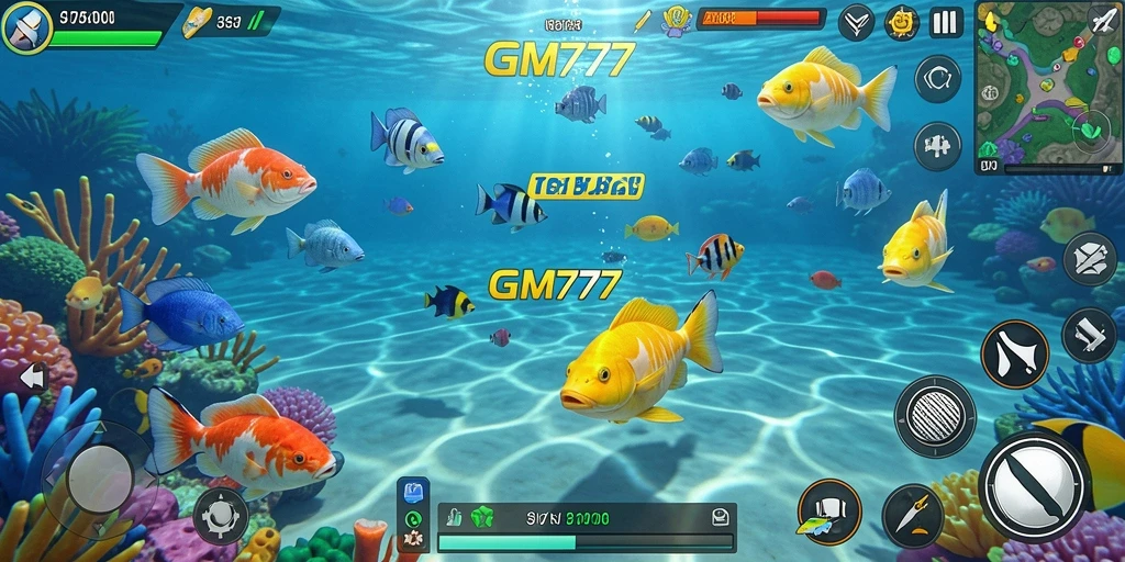 Tampilan gameplay GM777 dengan aksi menembak ikan yang seru.
