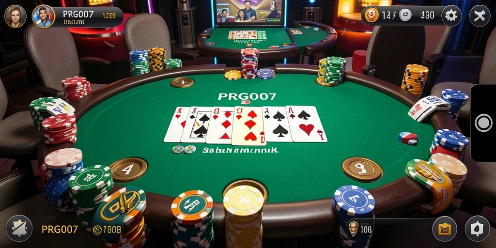 Tampilan gameplay seru dari PRG007 dengan pemain poker yang berinteraksi.